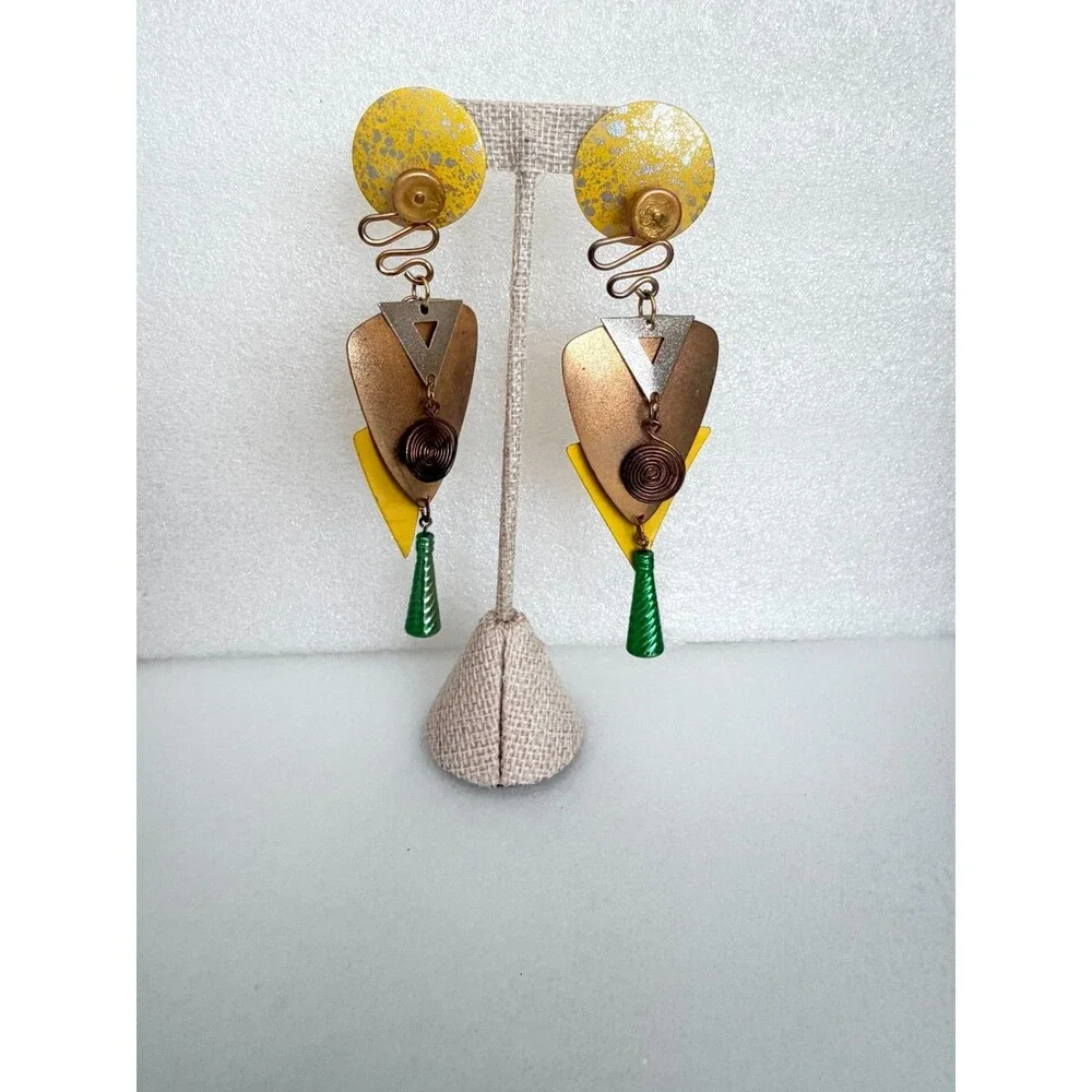 Vintage 1980s Memphis Style Geometric Mixed Metal Dangle Earrings 5 Inch Stateme
